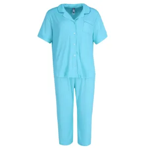 PJ Couture Women's Button Down Wavy Notch Collar Short Sleeve Capri Set