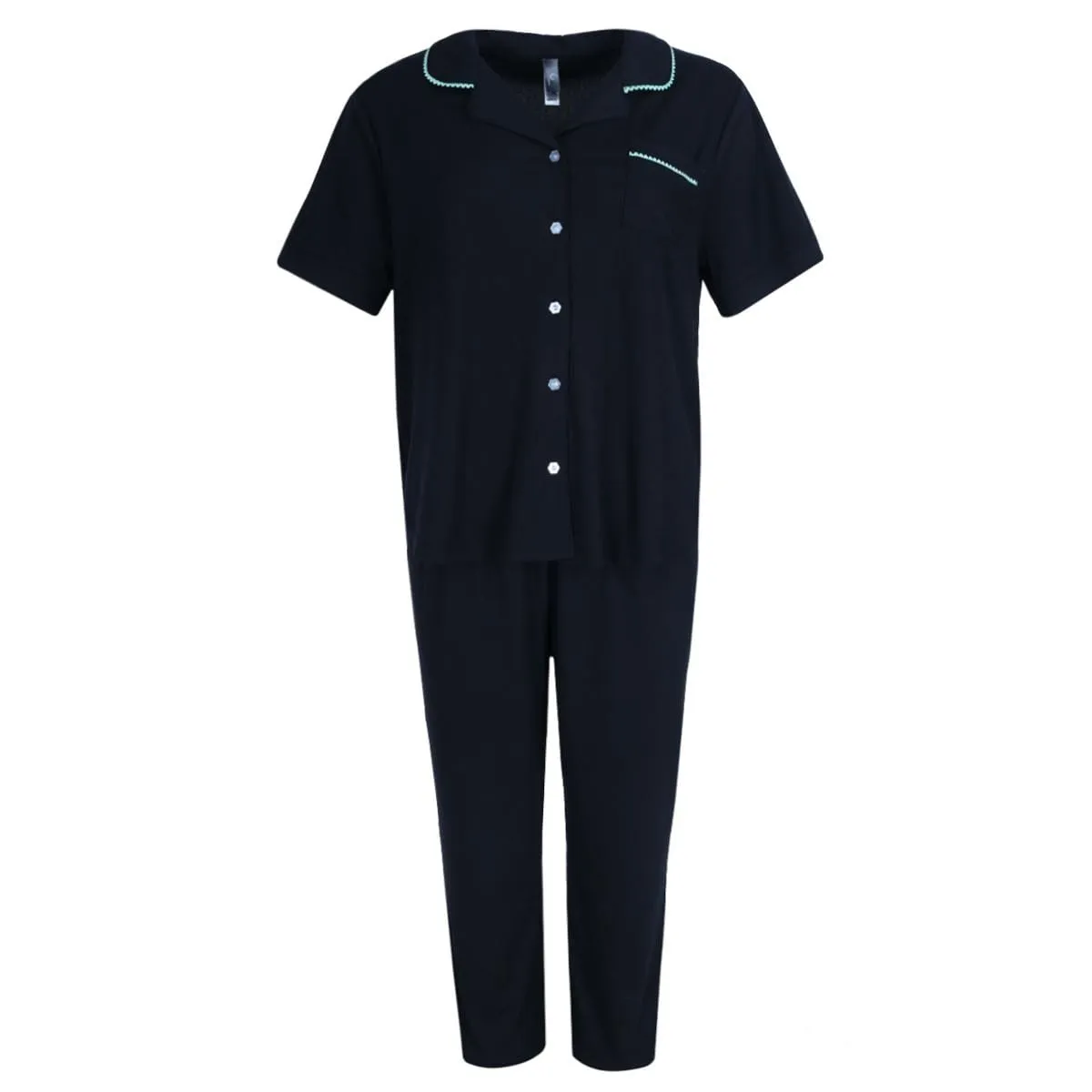 PJ Couture Women's Button Down Wavy Notch Collar Short Sleeve Capri Set
