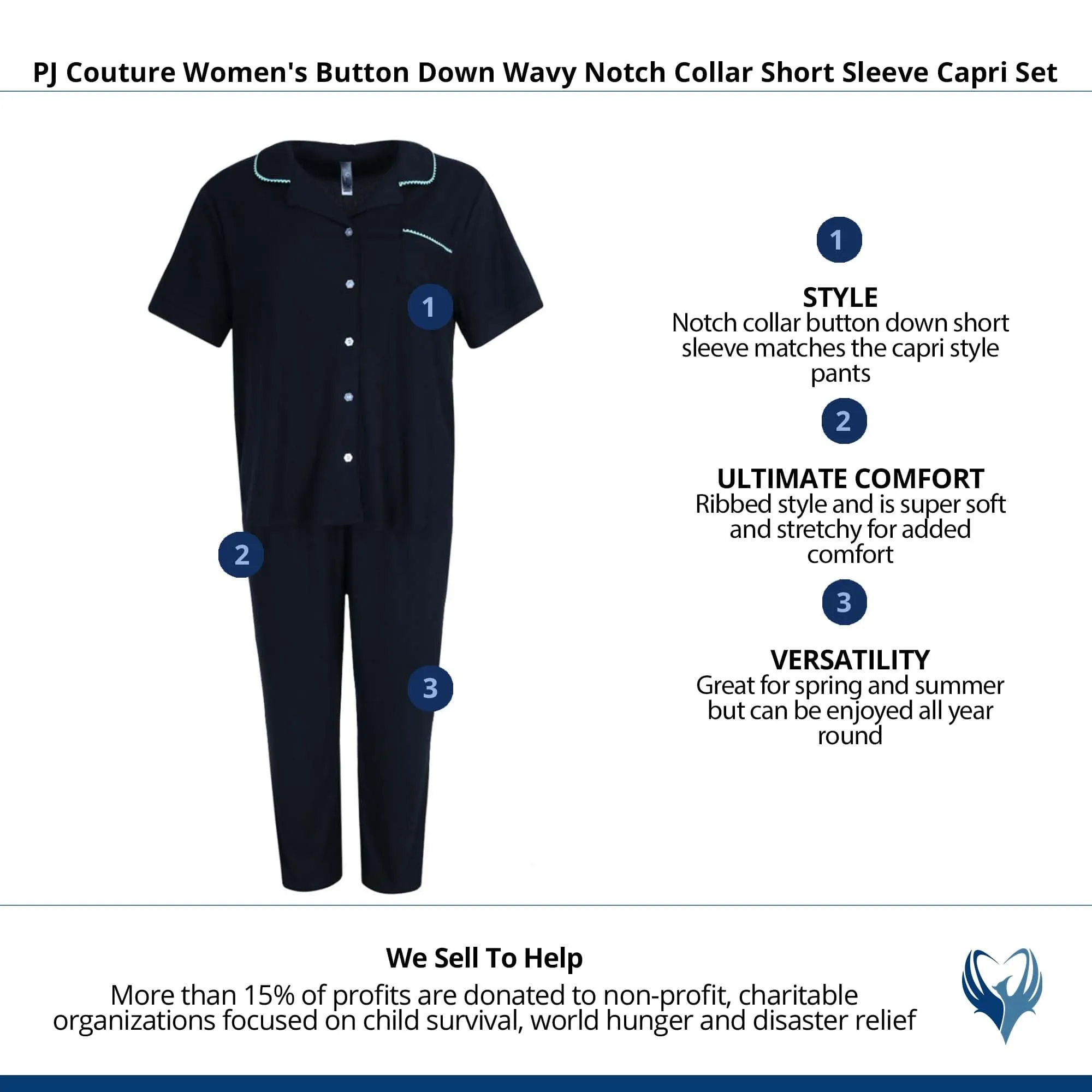PJ Couture Women's Button Down Wavy Notch Collar Short Sleeve Capri Set