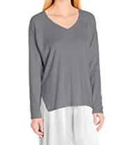 PJ HARLOW - FRANKIE Rib Long Sleeve V-Neck With Side Slits in Dark Silver