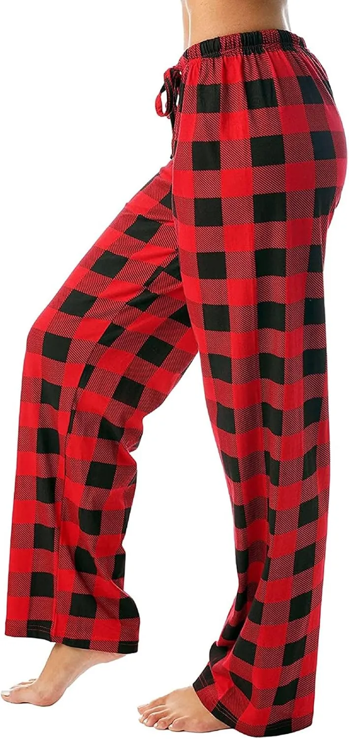 Plaid Pajama Pants Women Soft Stretchy Lightweight Comfy Lounge Pants Drawstring Baggy Wide Leg Sleep Trousers