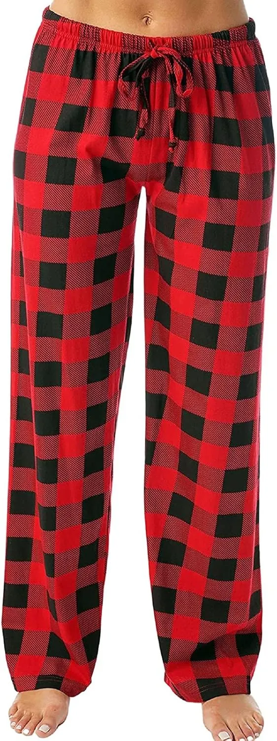 Plaid Pajama Pants Women Soft Stretchy Lightweight Comfy Lounge Pants Drawstring Baggy Wide Leg Sleep Trousers