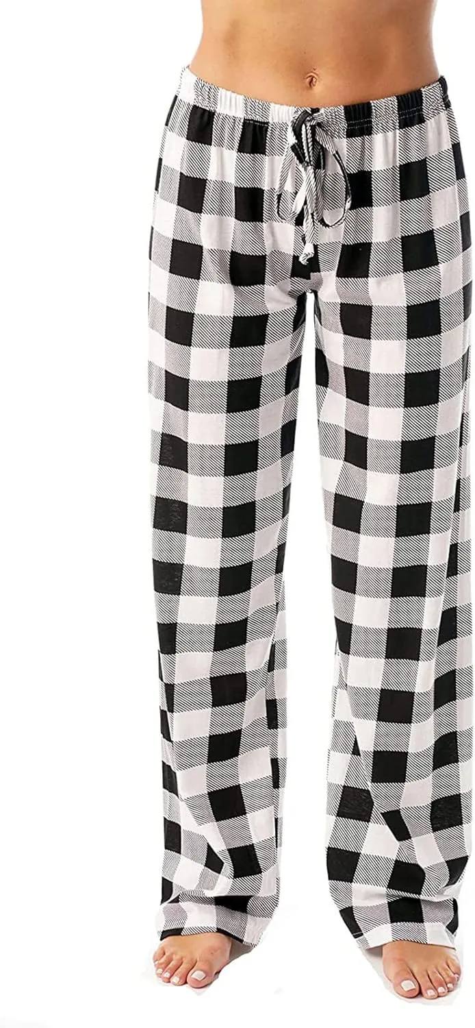 Plaid Pajama Pants Women Soft Stretchy Lightweight Comfy Lounge Pants Drawstring Baggy Wide Leg Sleep Trousers