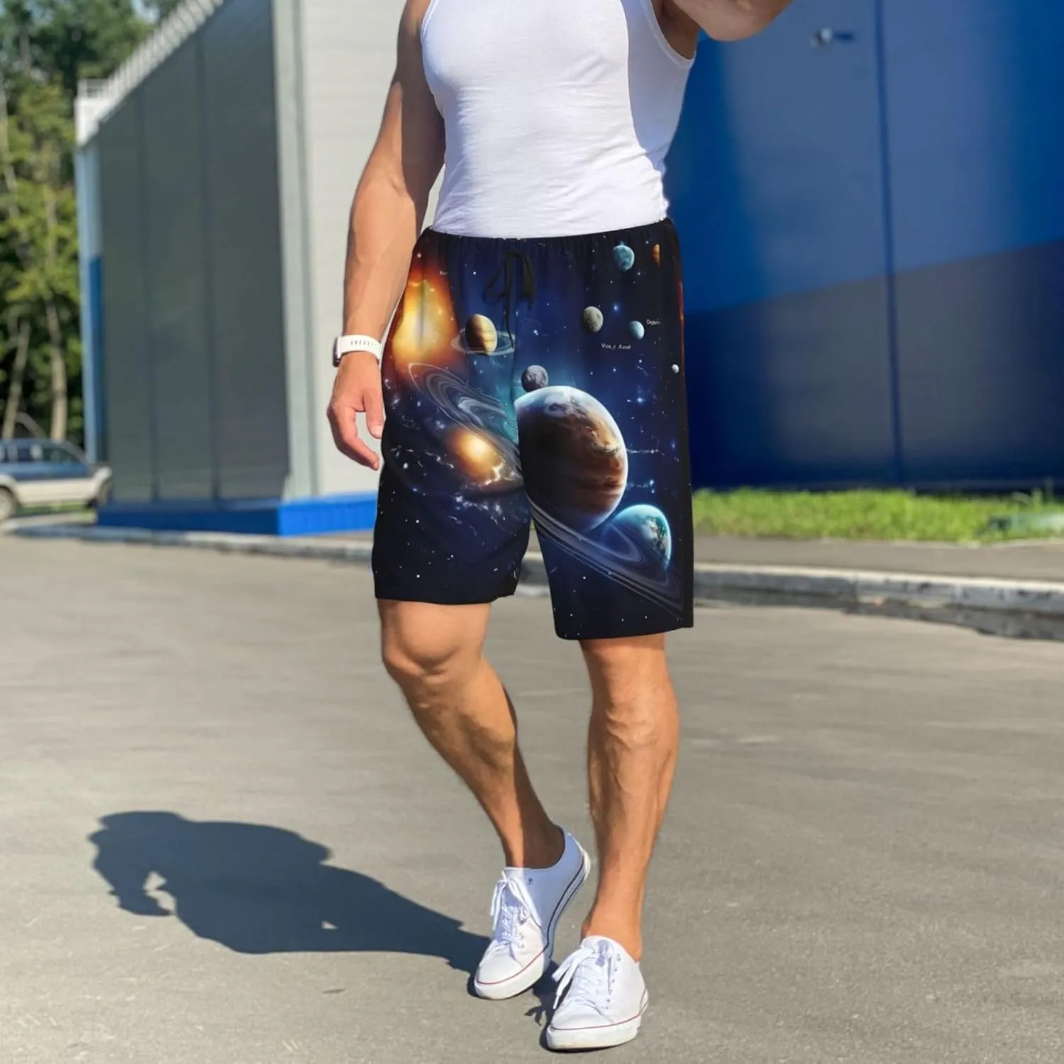Planets Stars and Milky Way Galaxy Print Men's Short Pajama Pants, Comfortable, and Breathable Sleepwear with Side Pockets