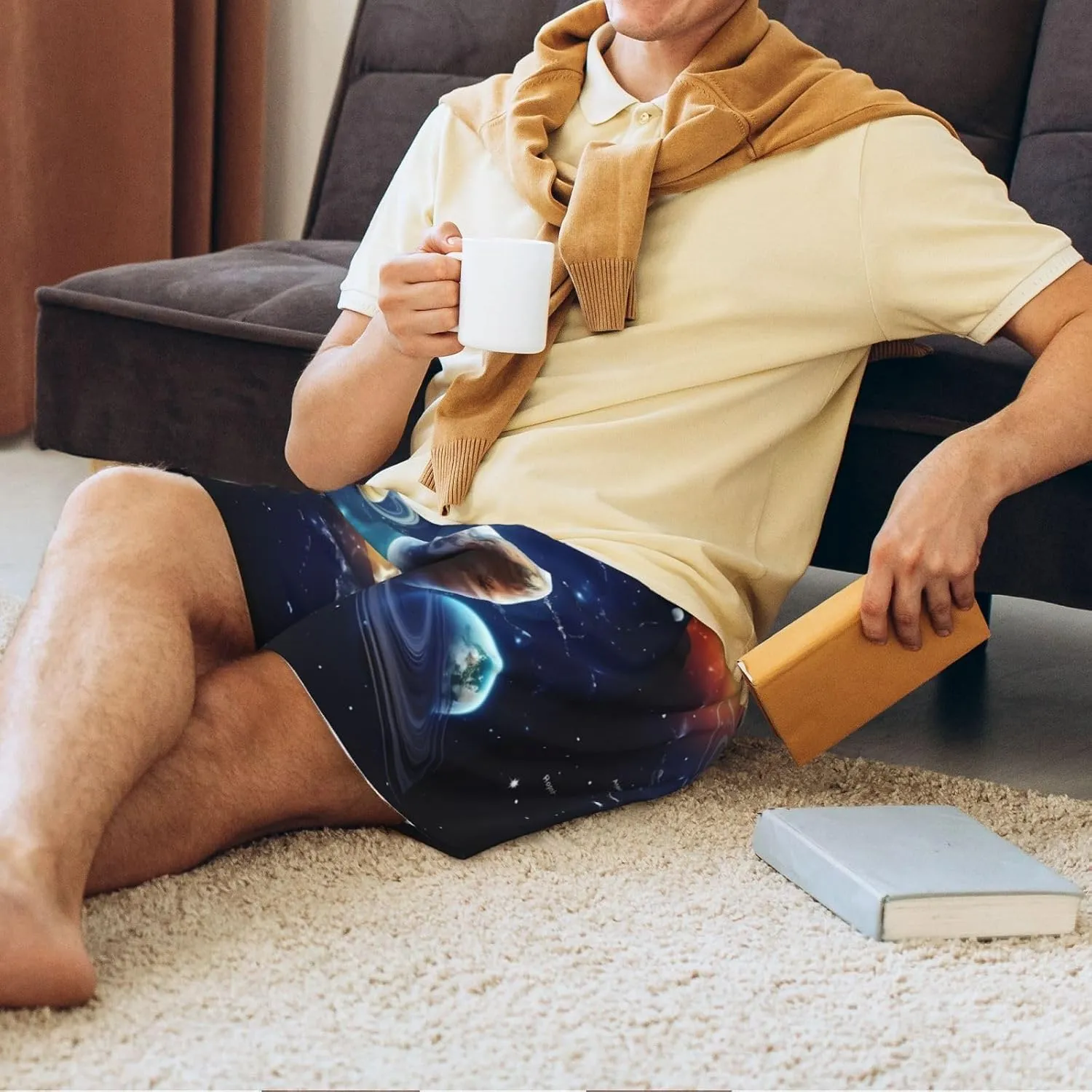 Planets Stars and Milky Way Galaxy Print Men's Short Pajama Pants, Comfortable, and Breathable Sleepwear with Side Pockets
