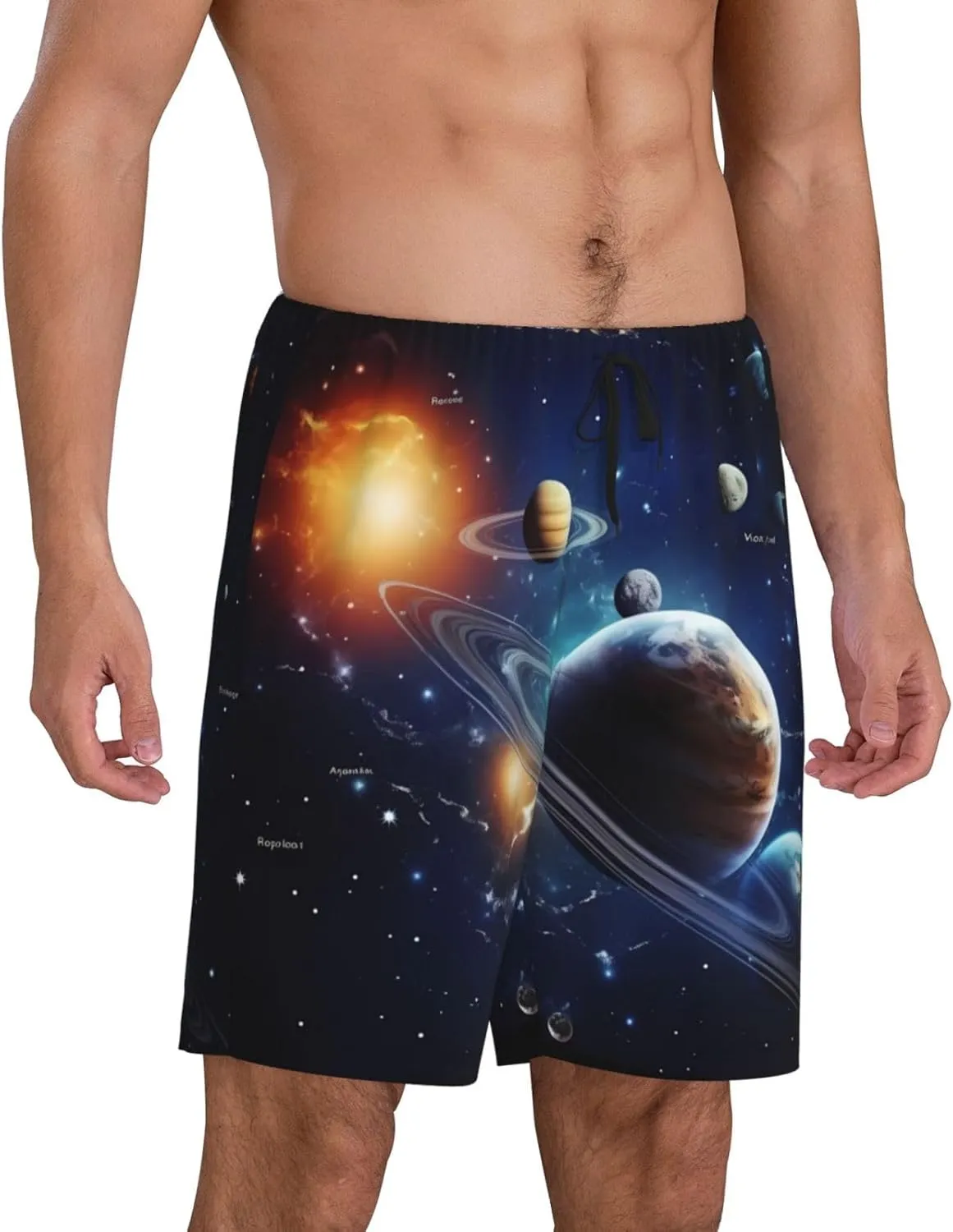 Planets Stars and Milky Way Galaxy Print Men's Short Pajama Pants, Comfortable, and Breathable Sleepwear with Side Pockets