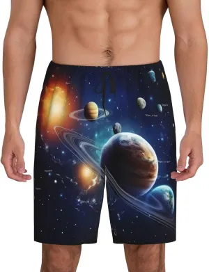 Planets Stars and Milky Way Galaxy Print Men's Short Pajama Pants, Comfortable, and Breathable Sleepwear with Side Pockets