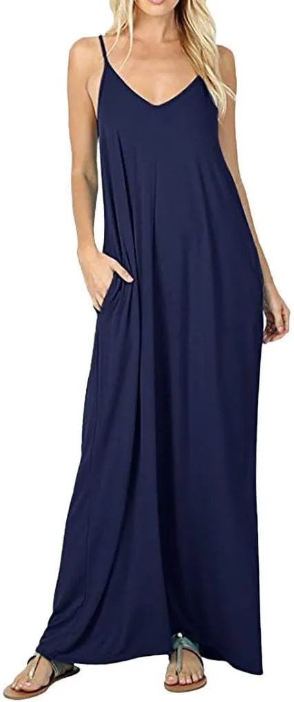 Plus Size Maxi Dress for Women's Pajamas Sleeveless V-Neck Skirt Round Neck with Pocket Long Dresses Daily Wear
