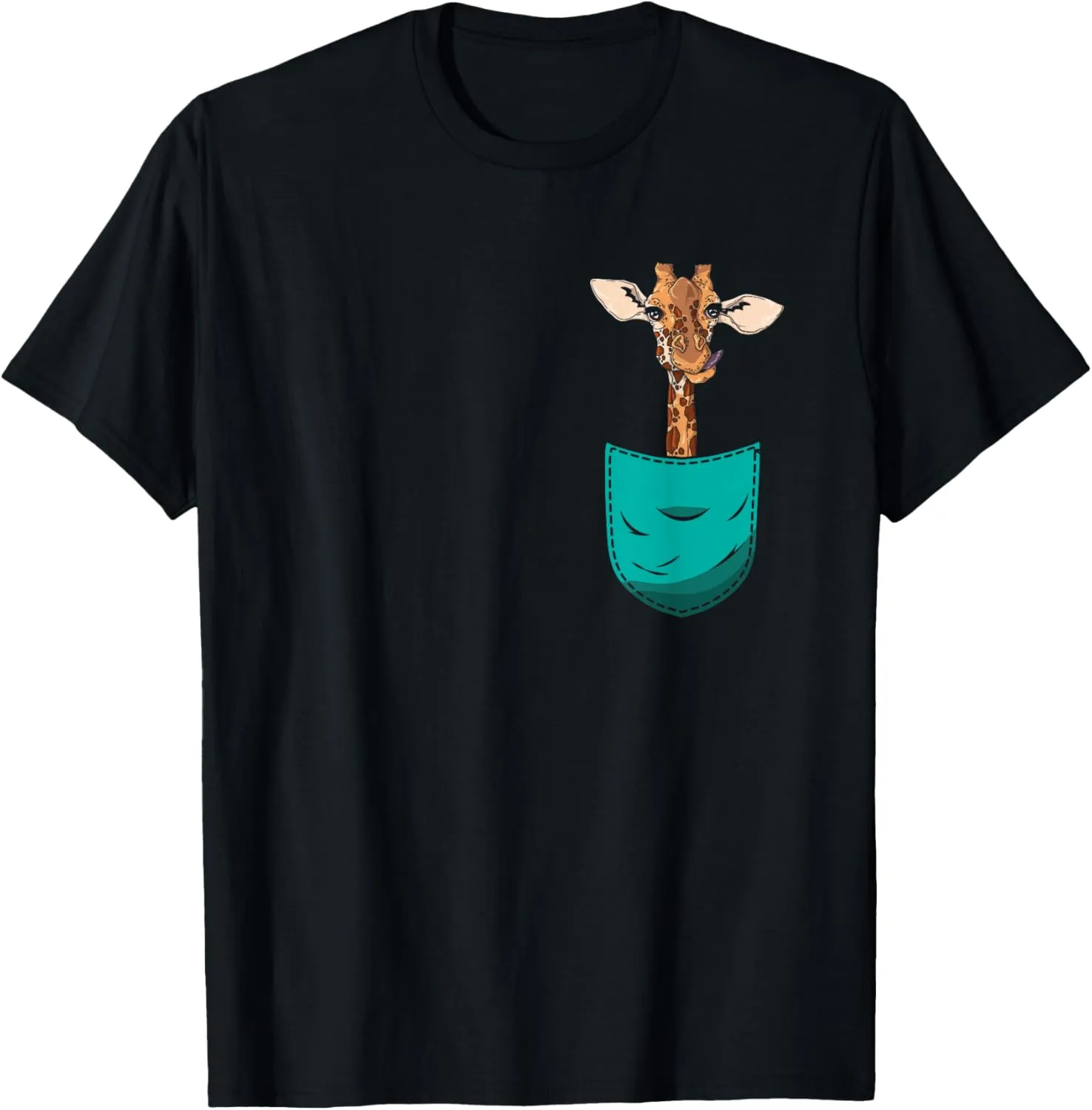 Pocket Giraffe T-Shirt - Black, Unisex-Adults, Small, Short Sleeve, Classic Fit, Modern Style, Animal Pattern, Crew Neck, Straight Hemline, Pull On, Cotton 60% Polyester 40%