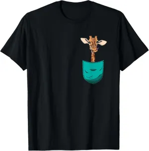 Pocket Giraffe T-Shirt - Black, Unisex-Adults, Small, Short Sleeve, Classic Fit, Modern Style, Animal Pattern, Crew Neck, Straight Hemline, Pull On, Cotton 60% Polyester 40%