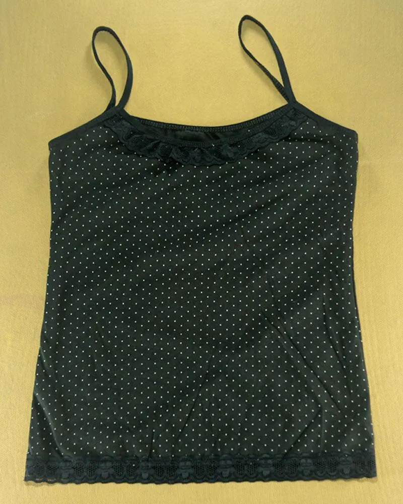 Polka Dotted Cotton Camisole With Neck Lace For Women - Color Black - MA-8