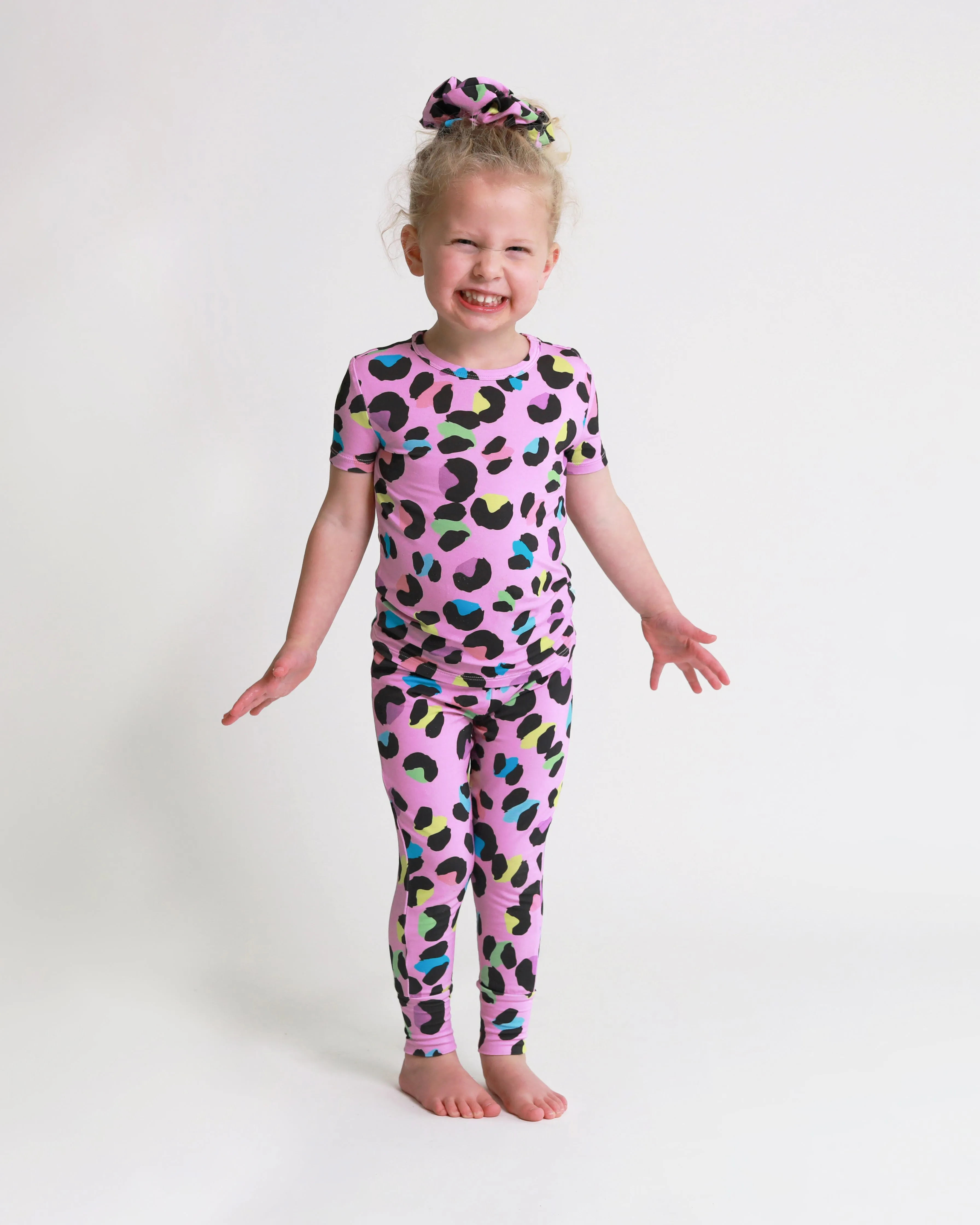 Posh Peanut Basic Short Sleeve Loungewear Kids Pajama & Pants in Electric Leopard