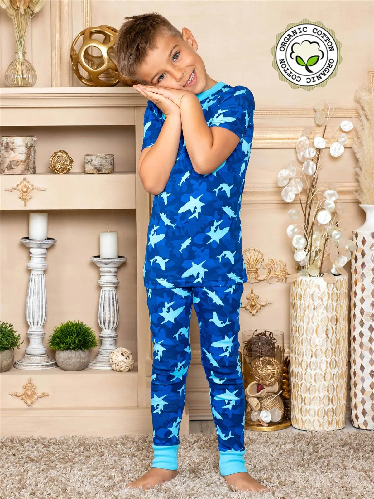 Prestigez Boys' Organic Cotton 2 Piece Pajama Set With Sharks