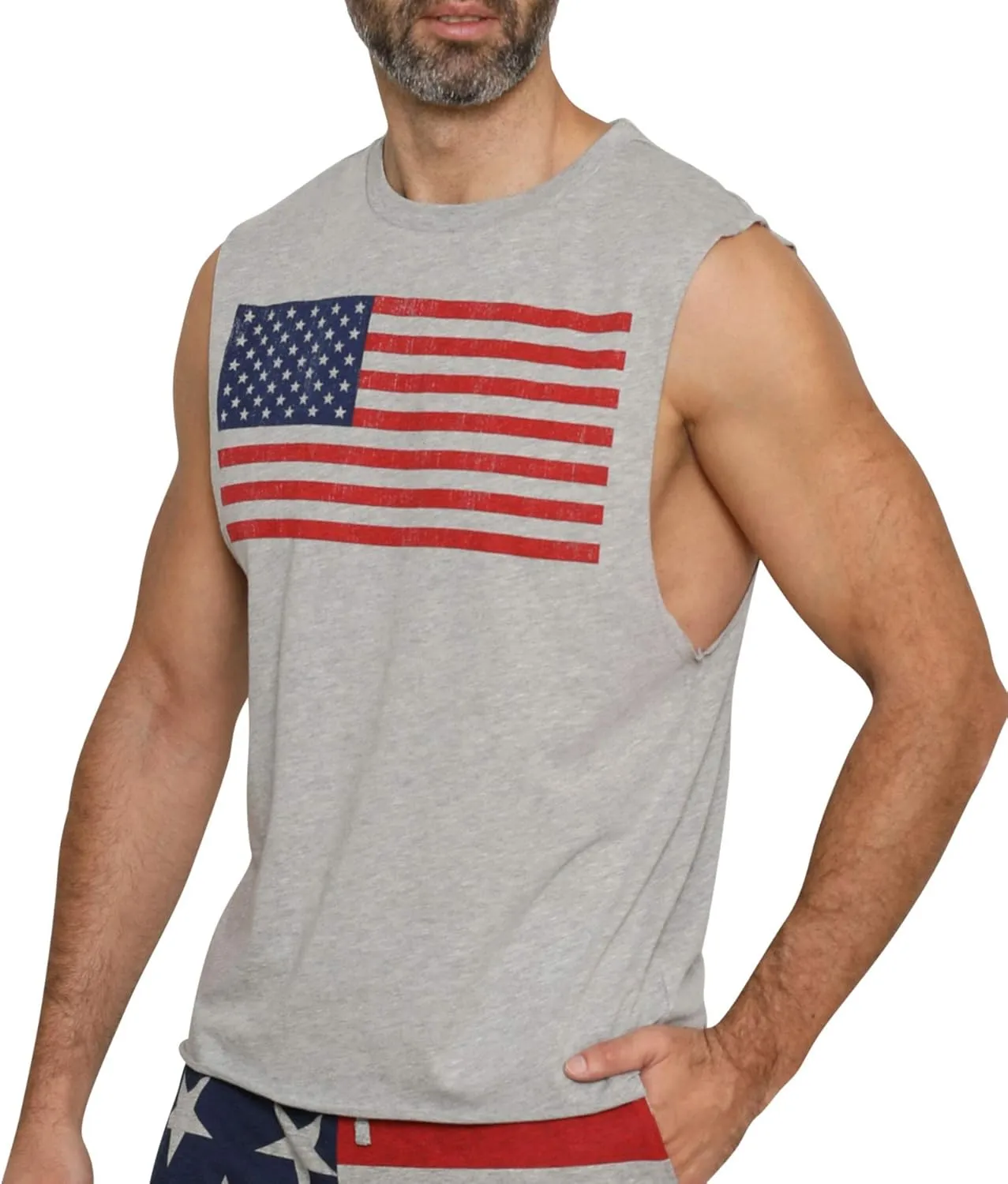Prestigez USA Flag Men's 2 Piece Pajama Set Lounge Shorts or Pants and Sleeveless Shirt, 4th of July Independence Day