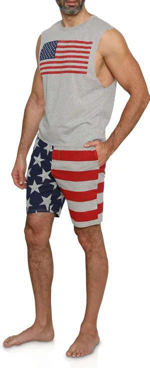 Prestigez USA Flag Men's 2 Piece Pajama Set Lounge Shorts or Pants and Sleeveless Shirt, 4th of July Independence Day