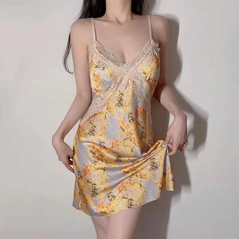 Printed Lace Back Cross Sexy Nightgown Set