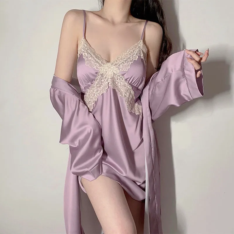 Printed Lace Back Cross Sexy Nightgown Set