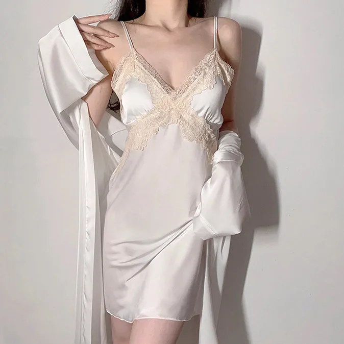 Printed Lace Back Cross Sexy Nightgown Set