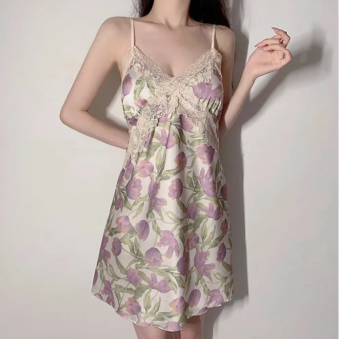 Printed Lace Back Cross Sexy Nightgown Set