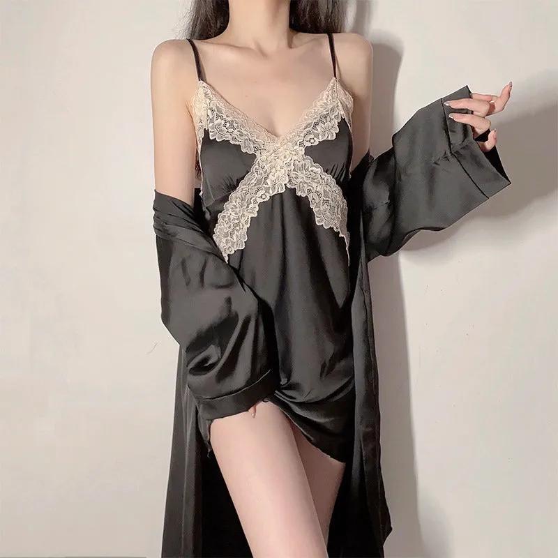 Printed Lace Back Cross Sexy Nightgown Set