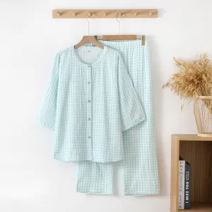 Pure Cotton 3/4 Checkered Pajama Set