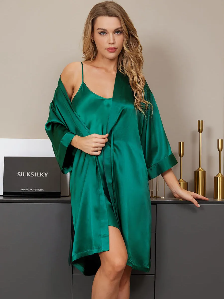 Pure Silk Classic Spaghetti Strap Slip Nightgown&Robe Set 2Pcs