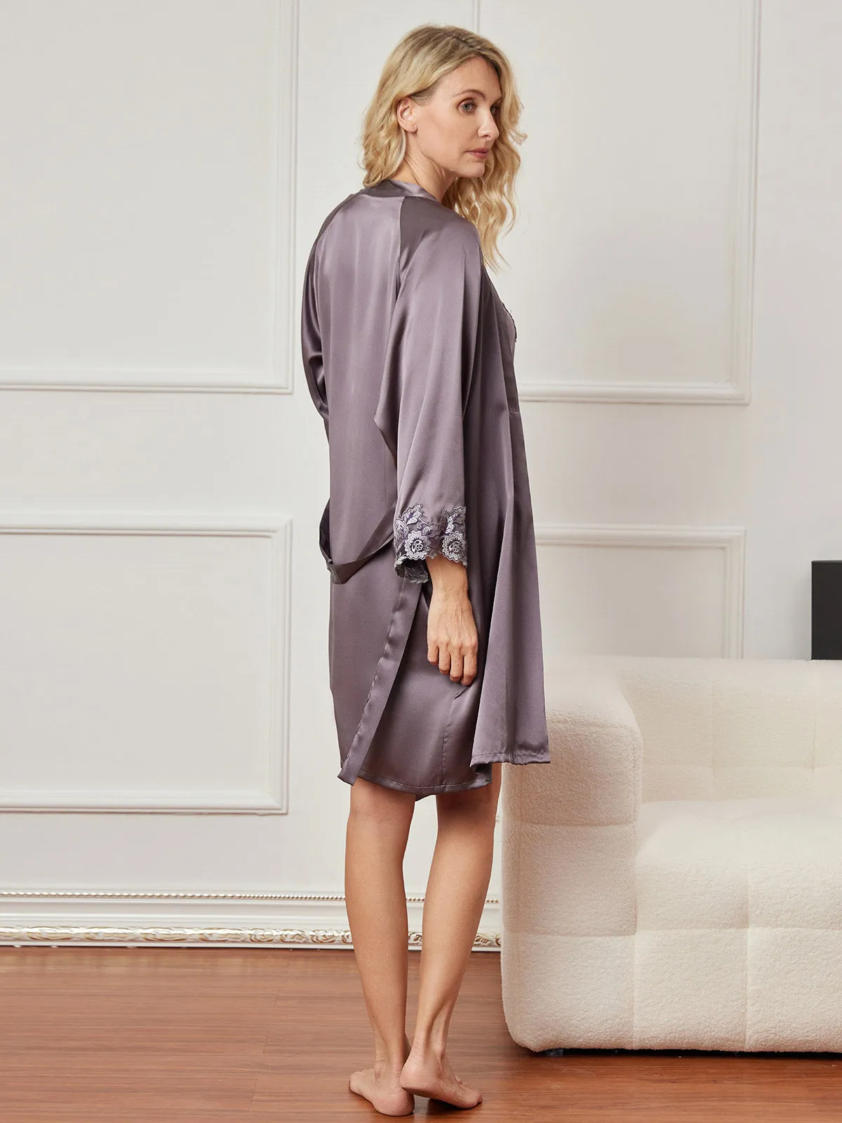 Pure Silk Elegant Lace Nightgown & Dressing Gown Set 2Pcs