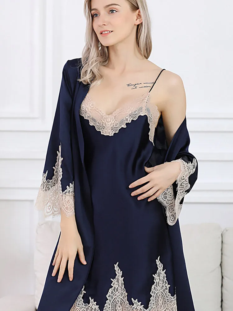 Pure Silk Lace NightPure Silk Lace Nightgown & Robe Set 2Pcs