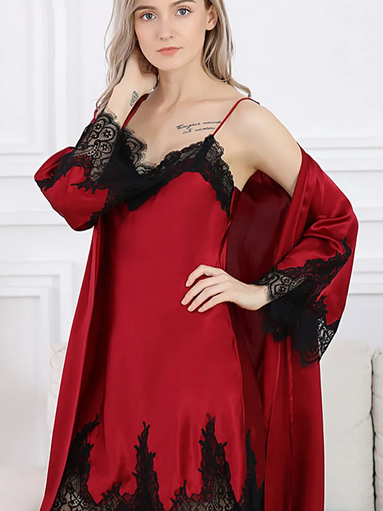 Pure Silk Lace NightPure Silk Lace Nightgown & Robe Set 2Pcs