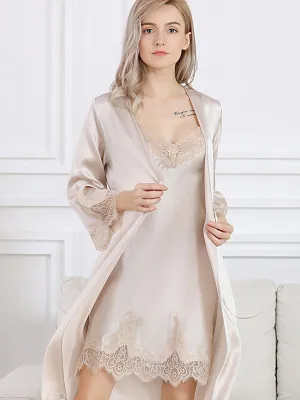Pure Silk Lace NightPure Silk Lace Nightgown & Robe Set 2Pcs