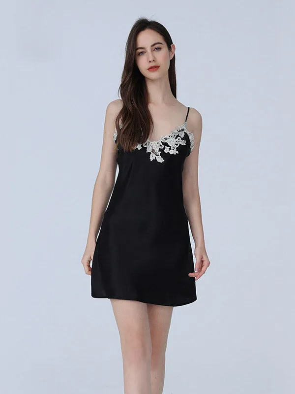 Pure Silk Lace Trim Adjustable Spaghetti Strap Nightgown Slip Dress
