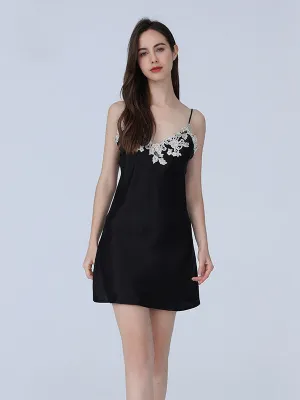 Pure Silk Lace Trim Adjustable Spaghetti Strap Nightgown Slip Dress