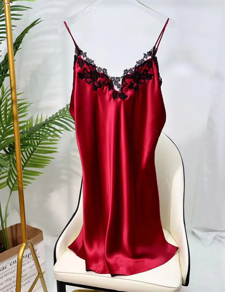 Pure Silk Lace Trim Adjustable Spaghetti Strap Nightgown Slip Dress
