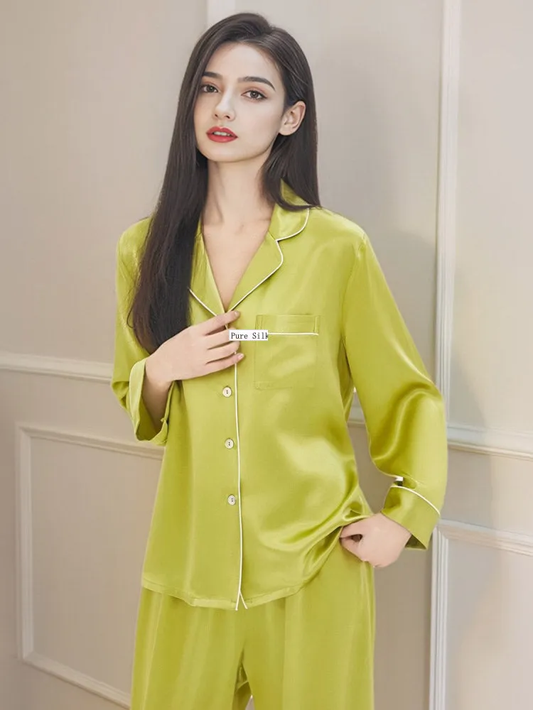 Pure Silk Pajamas Set 2Pcs Binding Trim Classic Home clothes
