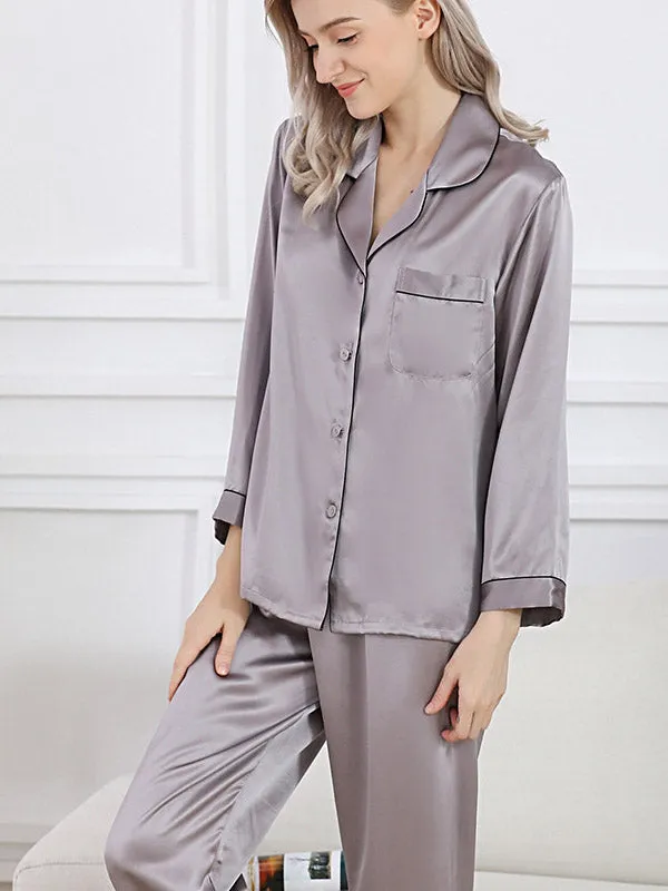 Pure Silk Pajamas Set 2pcs Binding Trim Classic Pjs