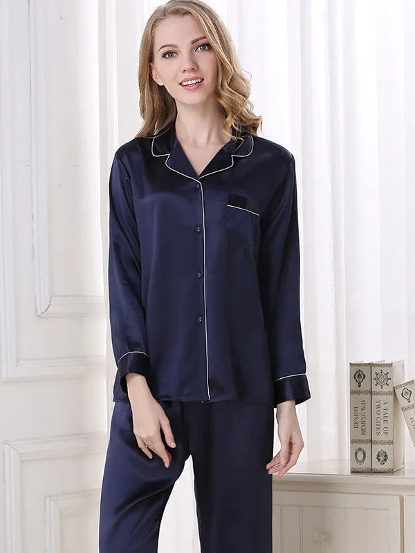Pure Silk Pajamas Set 2pcs Binding Trim Classic Pjs