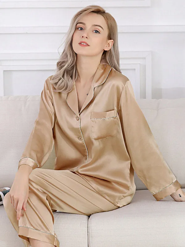 Pure Silk Pajamas Set 2pcs Binding Trim Classic Pjs