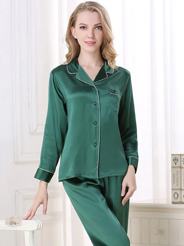 Pure Silk Pajamas Set 2pcs Binding Trim Classic Pjs