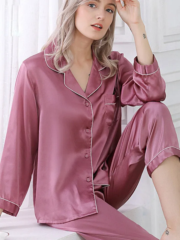 Pure Silk Pajamas Set 2pcs Binding Trim Classic Pjs