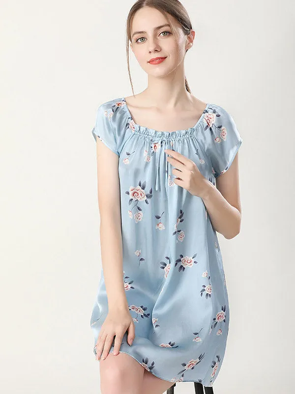 Pure Silk Pajamas Short Sleeve Loose Nightgown Slip Dress