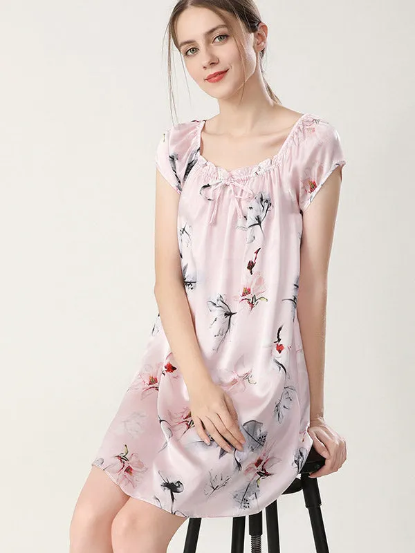 Pure Silk Pajamas Short Sleeve Loose Nightgown Slip Dress
