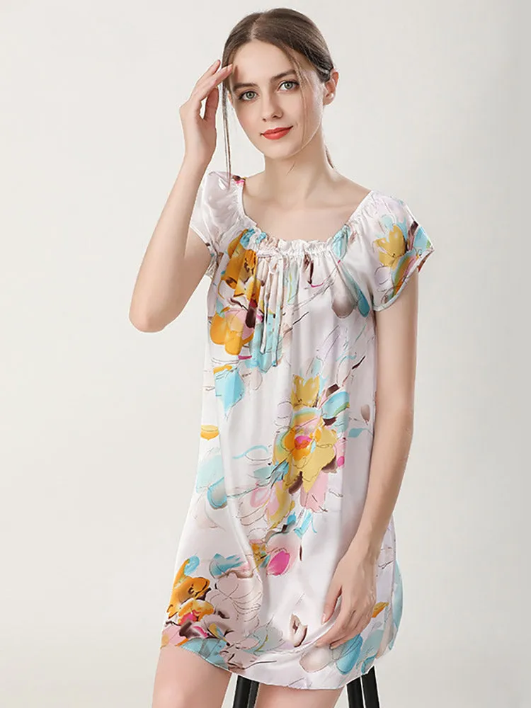 Pure Silk Pajamas Short Sleeve Loose Nightgown Slip Dress
