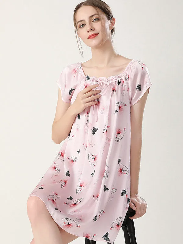 Pure Silk Pajamas Short Sleeve Loose Nightgown Slip Dress