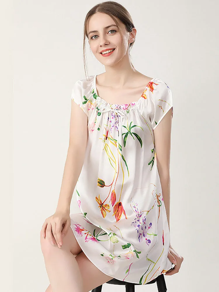 Pure Silk Pajamas Short Sleeve Loose Nightgown Slip Dress