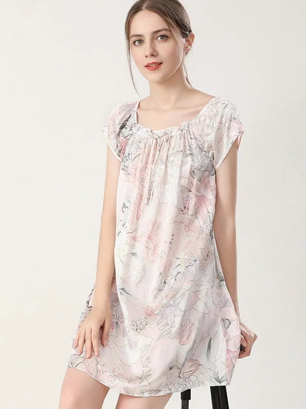 Pure Silk Pajamas Short Sleeve Loose Nightgown Slip Dress