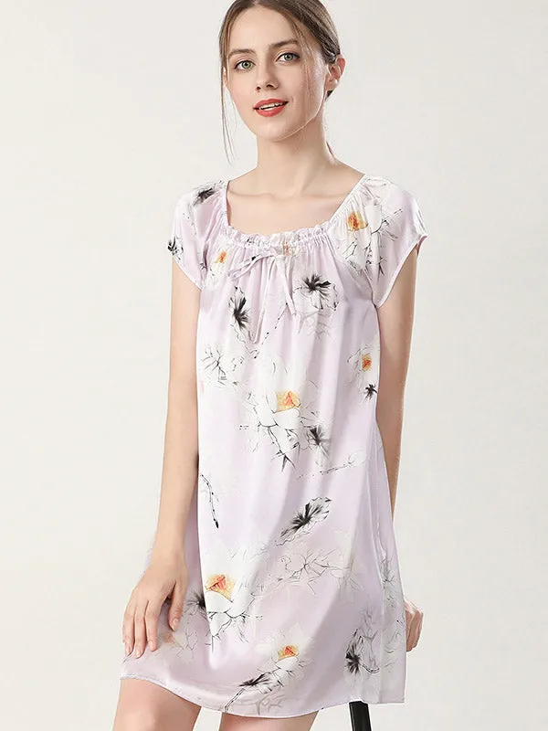 Pure Silk Pajamas Short Sleeve Loose Nightgown Slip Dress