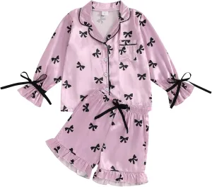 Qiylii Children Girls Satin Pajamas Soft Tie-Up Bowknot Ruffle Trim Silk Pajamas Kids Button-On Pjs Holiday Pajama Size 4-12