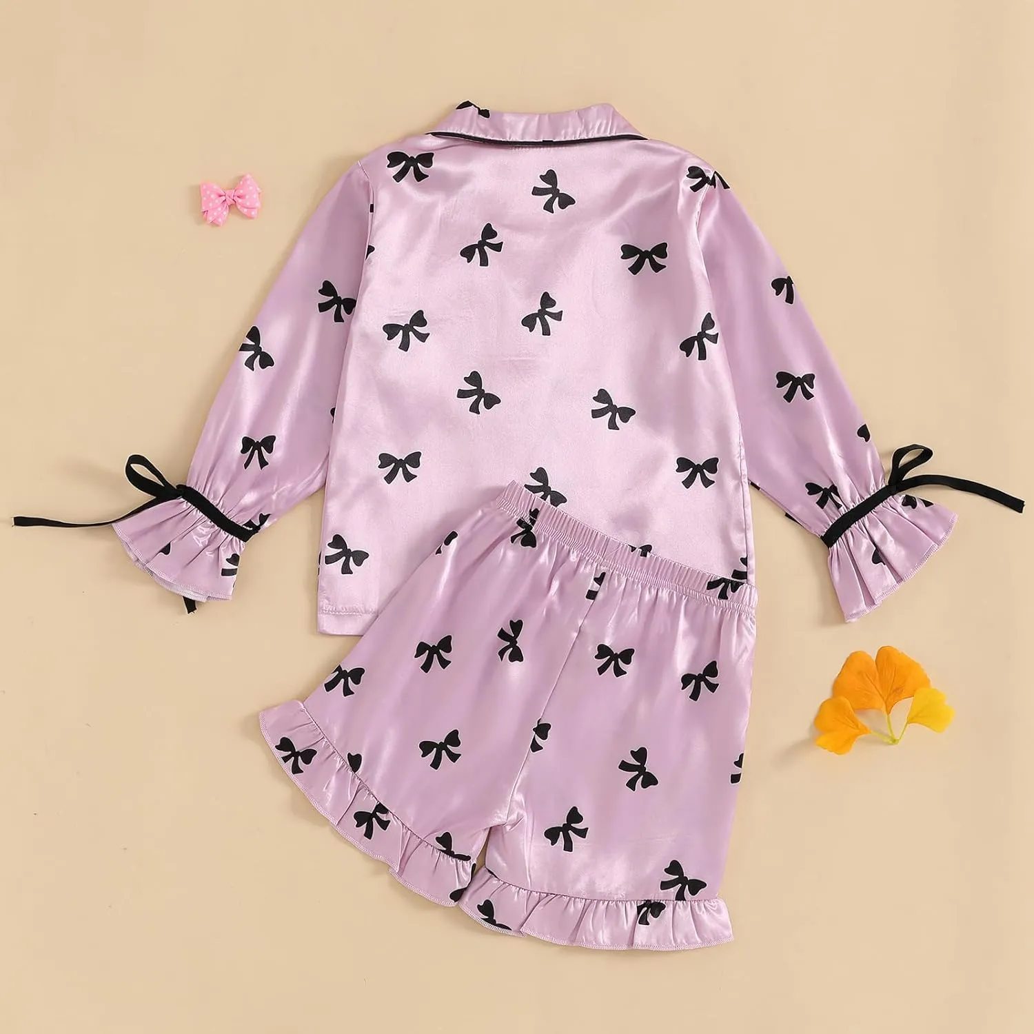Qiylii Children Girls Satin Pajamas Soft Tie-Up Bowknot Ruffle Trim Silk Pajamas Kids Button-On Pjs Holiday Pajama Size 4-12