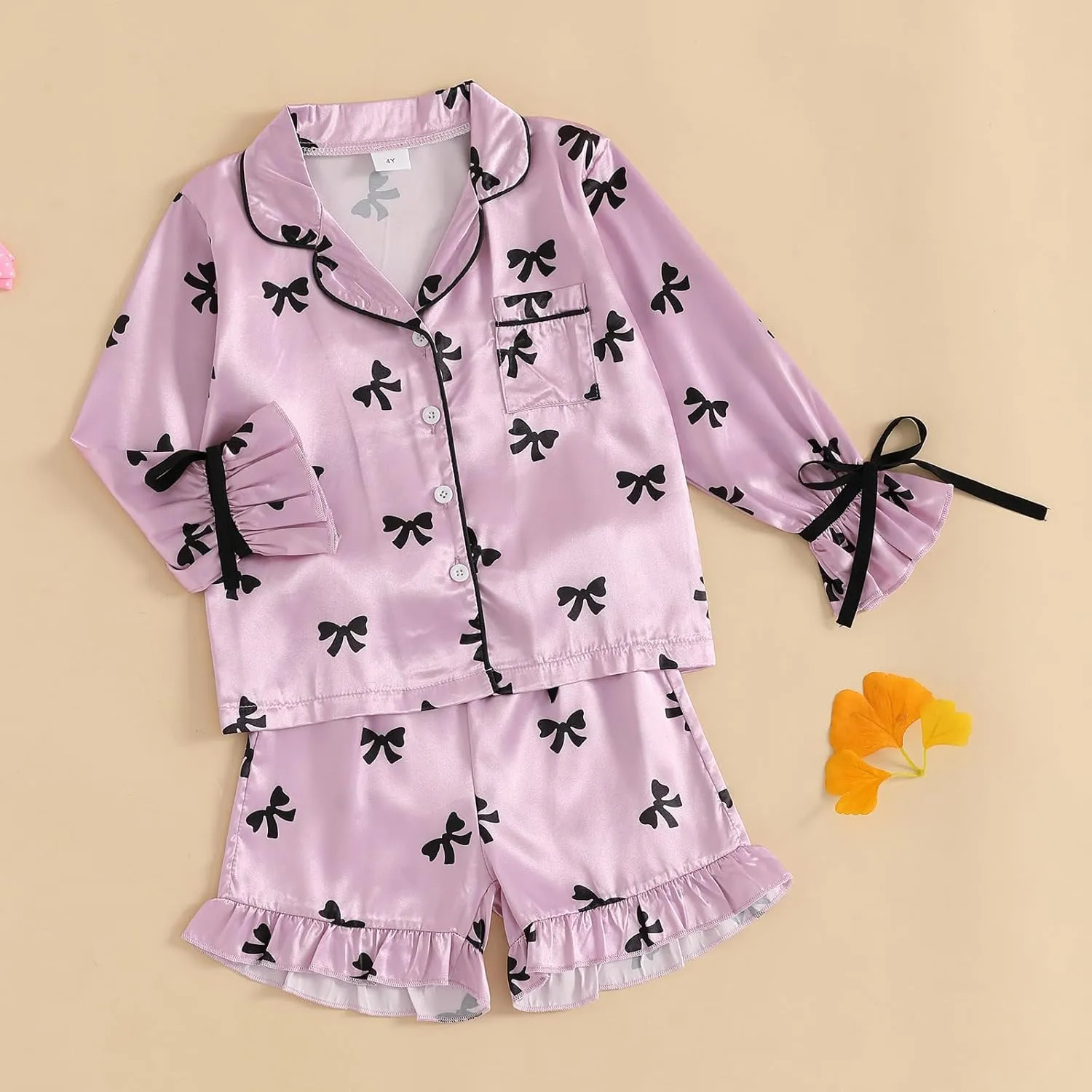 Qiylii Children Girls Satin Pajamas Soft Tie-Up Bowknot Ruffle Trim Silk Pajamas Kids Button-On Pjs Holiday Pajama Size 4-12