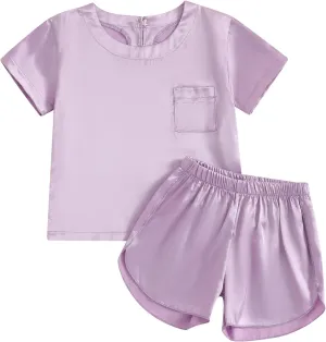 Qiylii Kids Toddler Girls Satin Pajamas Short Sleeve Tops Shorts Summer Pjs 2-Piece Solid Silk Pajama for Children Size 4-13